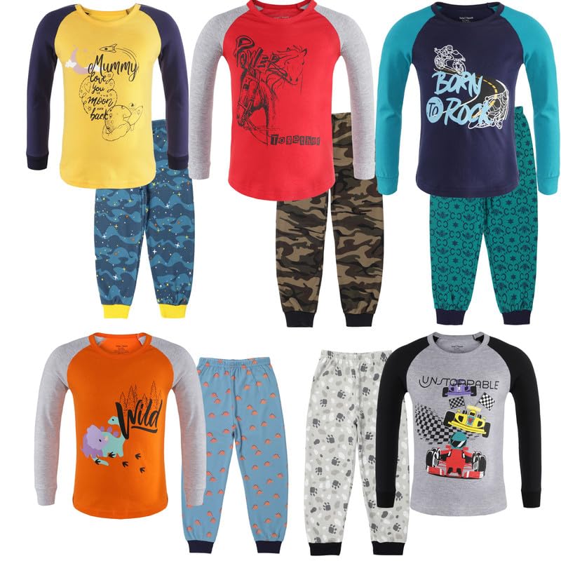 TotzTouch Boys Pure Cotton Night Suit | Pajamas | Nightwear Raglan Full Sleeves Dress Set of 5 Multicolor Size 1 to 2 Y | 2 to 3 | 3 to 4 | 4 to 5 | 5 to 6 | 6 to 7 | 7 to 8 | 8 to 9 | 9 to 10 Years