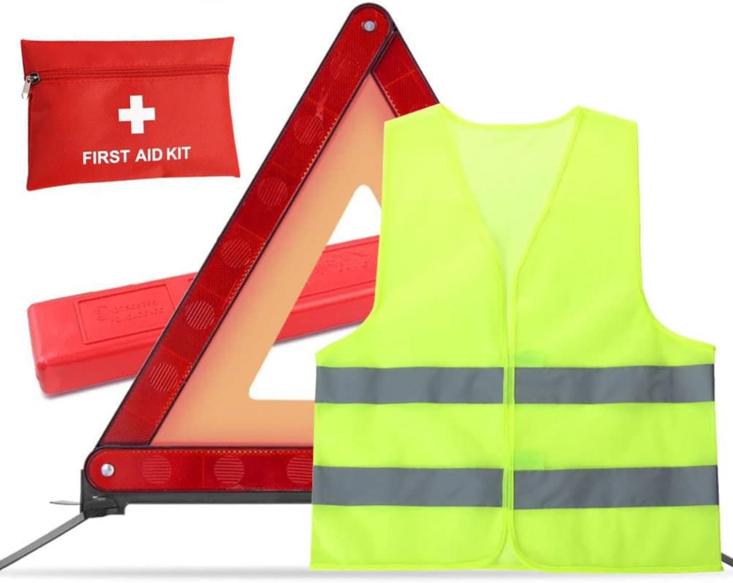 Car Mounted 3-Piece Emergency car kit, Equipped with high Brightness Warning Triangle, high Visibility Vest, First aid kit Storage Bag.