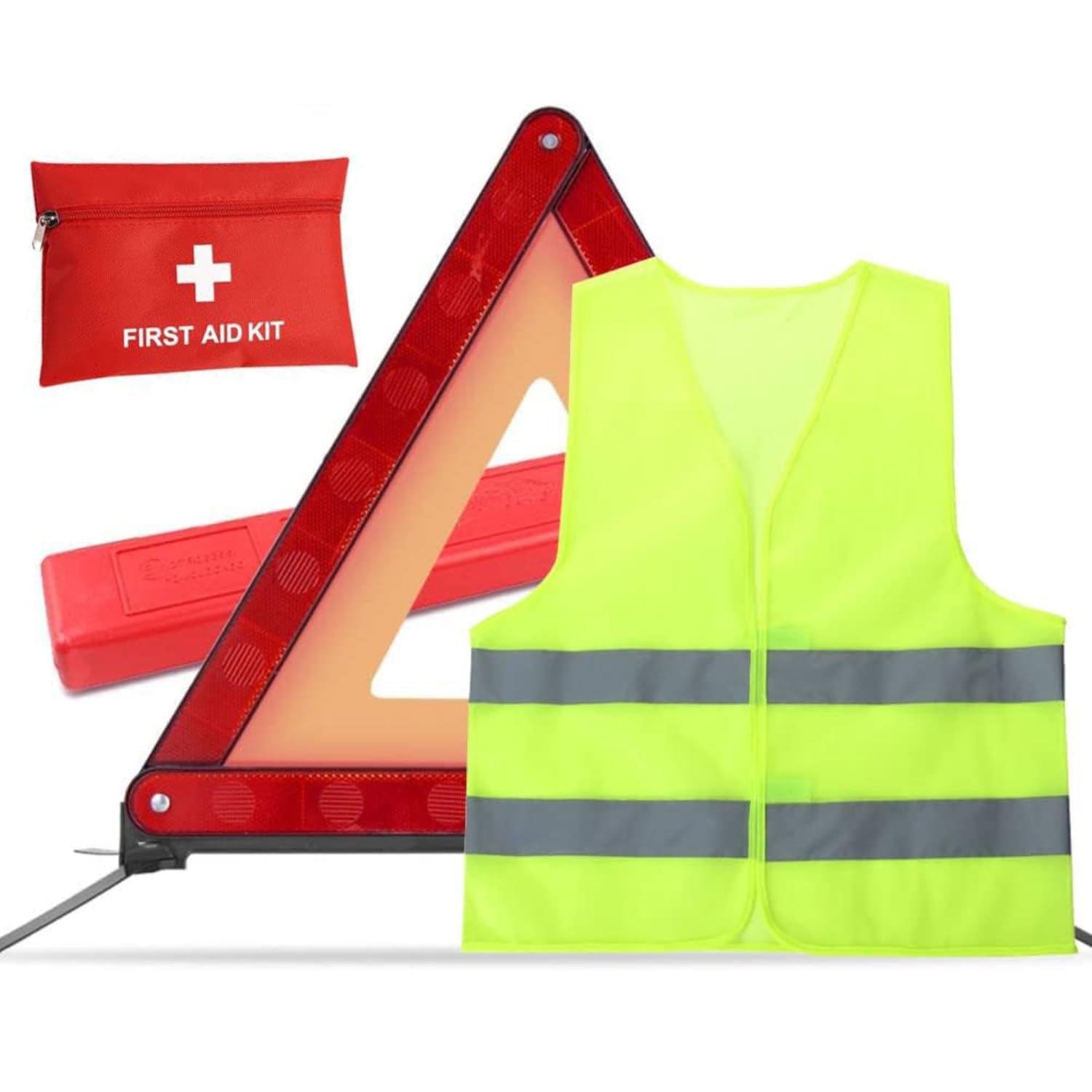 Car Mounted 3-Piece Emergency car kit, Equipped with high Brightness Warning Triangle, high Visibility Vest, First aid kit Storage Bag.