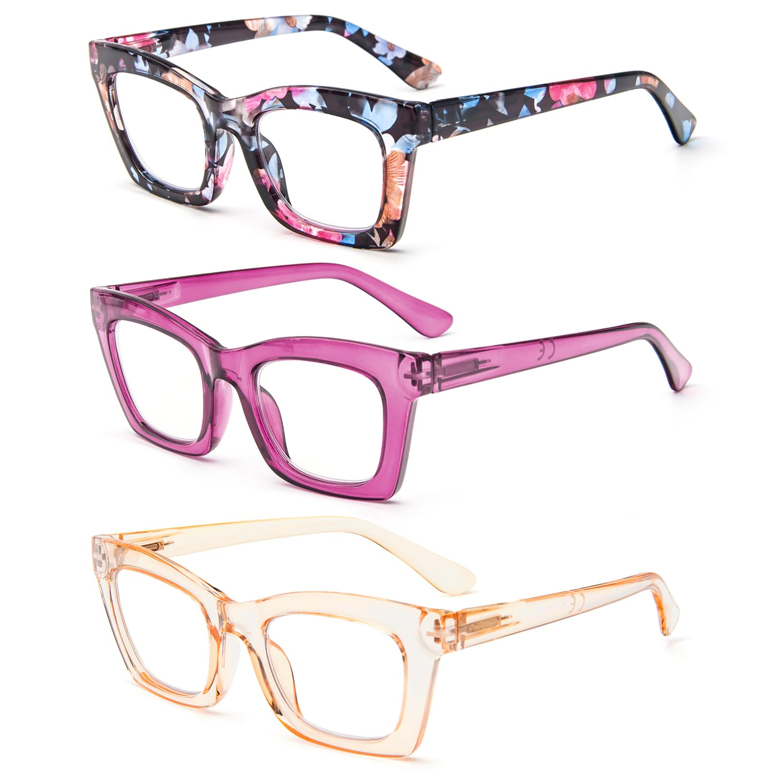 REAVEE Oprah Style Lesebrille Damen Blau Blockiert Licht Niedliche Übergroße Quadratische Computerleser Federringe, Blumenmuster / Rosa / Tee, 3.00