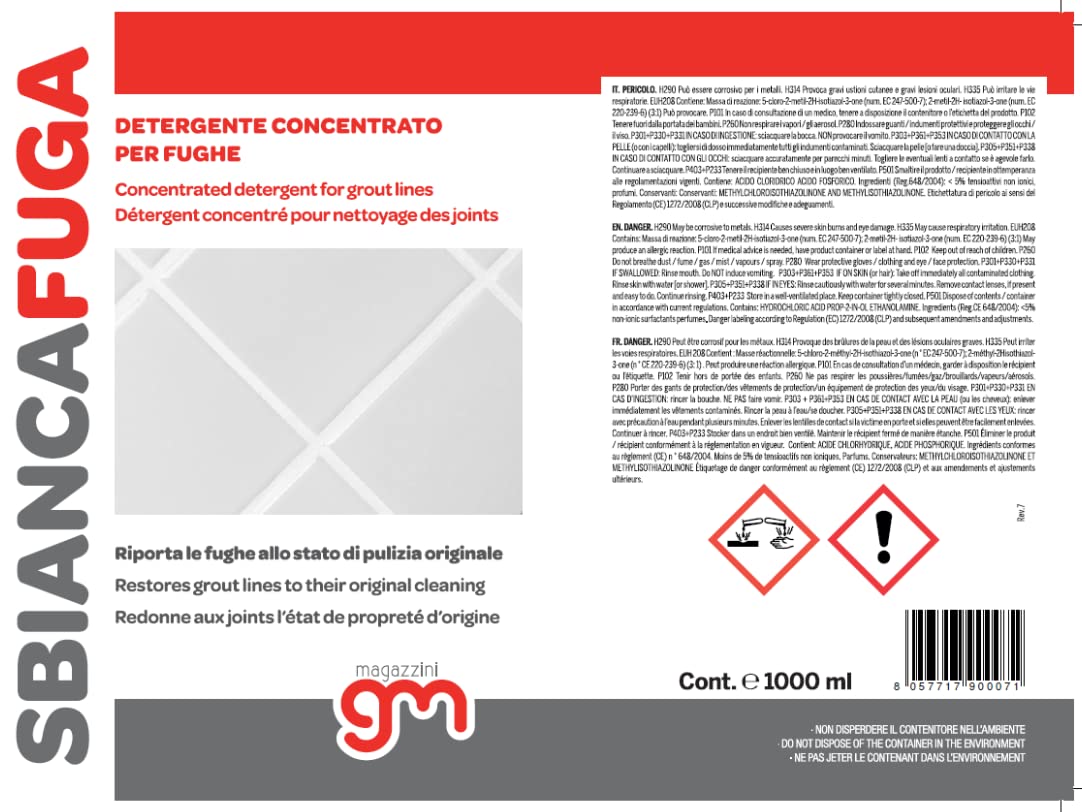Magazzini GM SBIANCAFUGA,Detergente concentrato ideale per la pulizia delle fughe di pavimenti e rivestimenti.Rimuove sporco, annerimenti e muffe dalle intersezioni, 1 Lt (1)