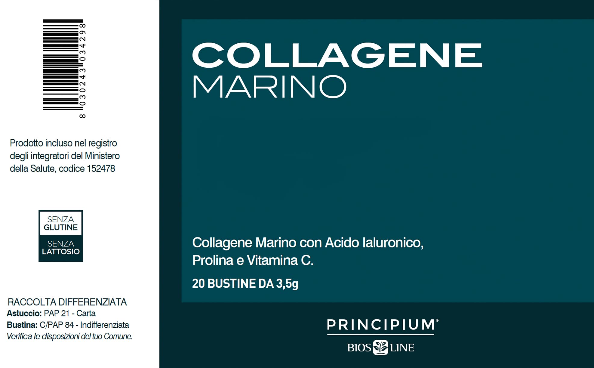 BIOS LINE, Principium Collagene Marino, Integratore Alimentare per l'Elasticità della Pelle, Integratore Pelle Viso; Attenua le Rughe, 20 Buste da 3,5g