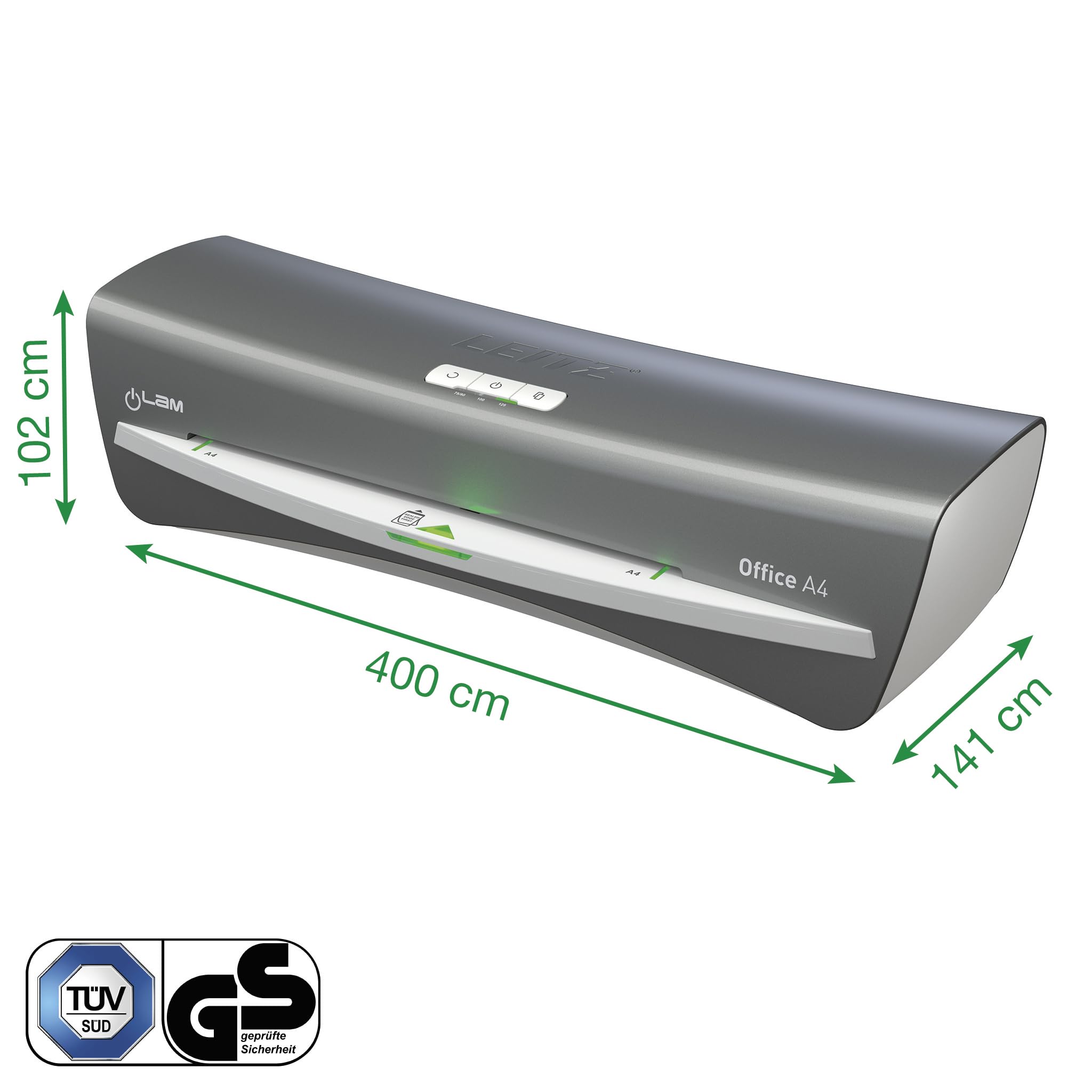 Leitz iLAM Office A4 Laminator, Ekstremalnie szybkie nagrzewanie w 1 minutę, 75-125 Micron, Inteligentny status LED, Automatyczne wyłączanie, Zawiera 5 x A4 worków laminacyjnych, Szary/Biały, 72510084