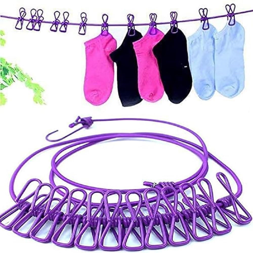QONETIC Cloth Drying Rope with Hooks Elastic Hanging for 12 Clips Clothes Travel Home Outdoor Kapde Sukhane ki Rassi Wire -Multicolor Functional and 2 Hooks Clothesline (Pack of 1 (12 Clip Line)) (B0CTCVGQ2Z) Amazon Price History, Amazon Price Tracker