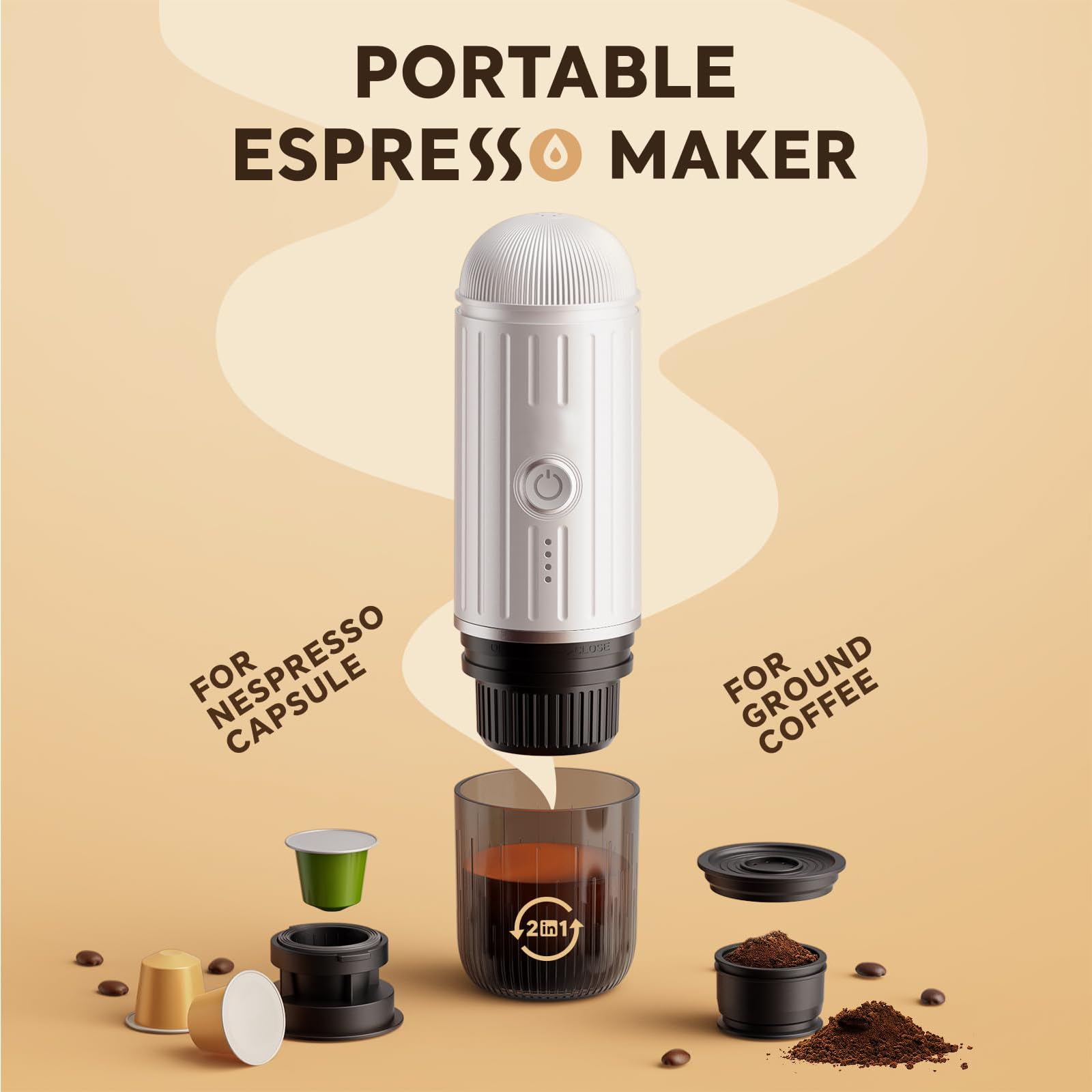 Máquina de café espresso eléctrica portátil, sistema de extracción de calor 2 en 1, cafetera espresso Crema Nespress, soporta café molido y cápsula NS, ME2218 (blanco)