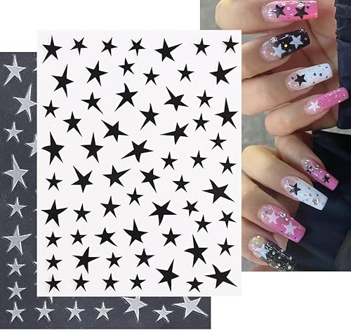 Miniatura 2 de 8 hojas de calcomanías de arte de uñas de estrella 3D brillantes con purpurina Starlight, calcomanías holográficas irregulares pentagrama negro,
