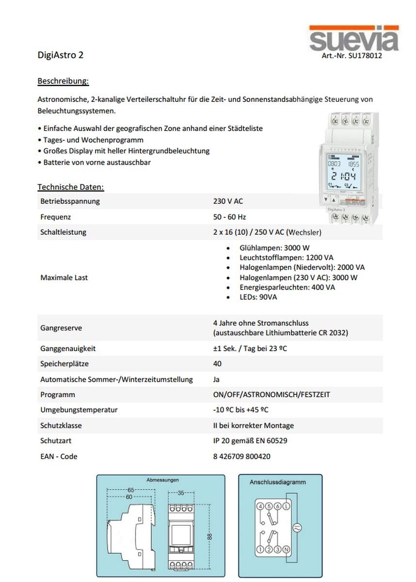 Suevia DigiAstro 2 Hutschienen-Zeitschaltuhr digital 230 V/AC 4000 W