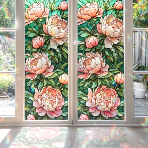 Peony Stained Glass Window Film, Decorative Peony Stained Glass Window Film, Peony Stained Glass Window Film for Bathroom Shower Door Heat Anti UV