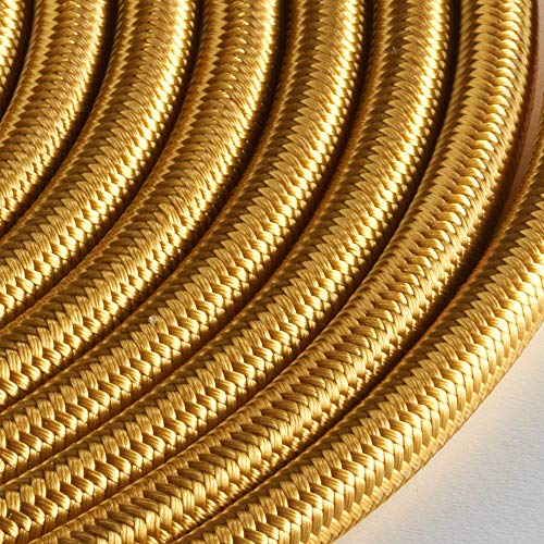 Klartext - Rundes Textilkabel LUMIÈRE für Beleuchtung, 3 x 0,75 mm, Gold, 3 m. | Achtung: Erdkabel im Lieferumfang enthalten! Maximale Stoßsicherung!