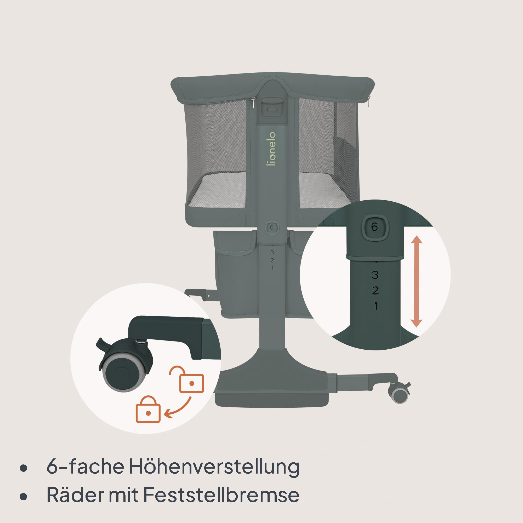 Lionelo Jodie Beistellbett 3in1, 6-Fach höhenverstellbar mit Neigungsverstellung für Boxspringbett, als Wiege & Babybett, Netzseiten, Rollen mit Bremse, Matratze, Gurte, Transporttasche, Moskitonetz