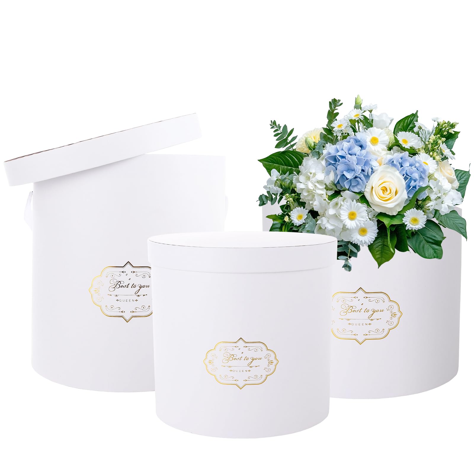 LDXDRU 3PCS White Gift Boxes with Lid, 21/23/25cm Cardboard Florist Hat Box
