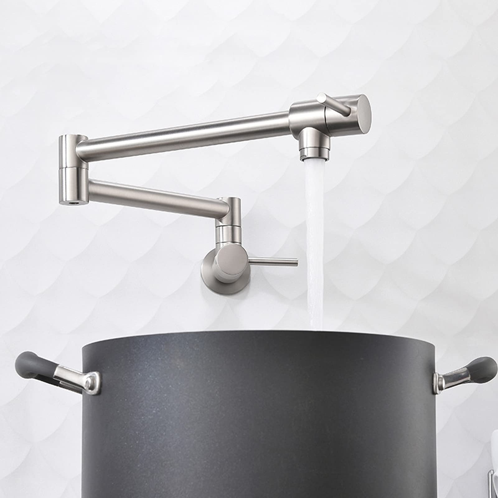 Topffüller-Küchenarmatur aus Messing, faltbar, ausziehbar, wandmontiert, mit Kalt- und Warmwasseranschluss, gebürstetes Nickel