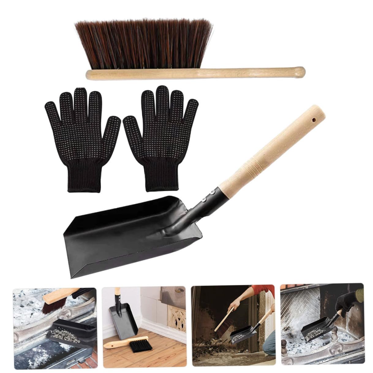 OUNONA Set di Accessori per Caminetto Paletta in Acciaio e Spazzola in Silicone Setole Marroni, Impugnatura Comoda e Design Portatile per Pulizia Stufa a Casa