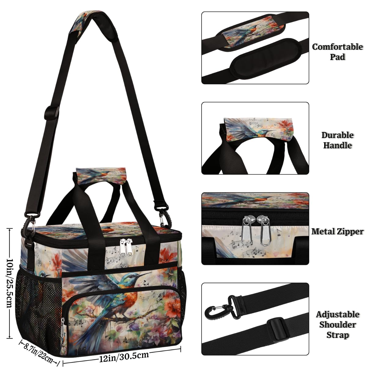 Tropical Flowers Insulated Picnic Backpack Lunch Box for Women Men Picnic Basket Tote Lunch Bag Picnic Bag Portable Lunch Bags for Picnic, Beach, Work, Trip,Office, Camp Humming Bird