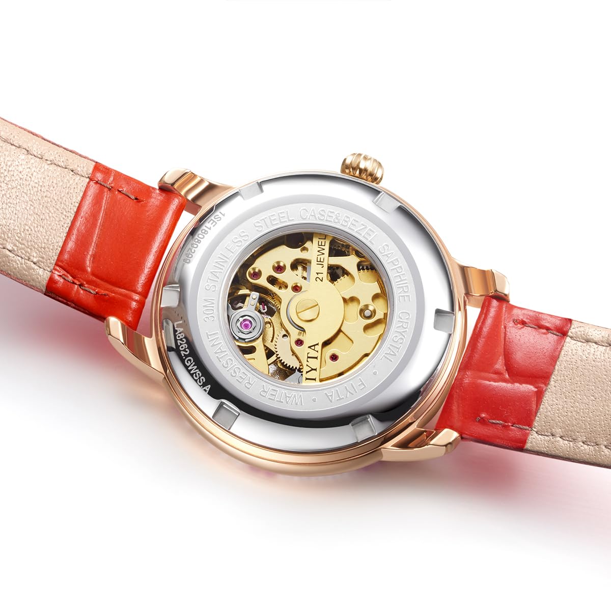 FIYTA Klover Damen Klassische Diamant Automatikuhr 3-Zeiger Lederband Damenuhr mit Perlmutt und Skelett Zifferblatt, Rotgold + Perlmutt / Rot, Liebe