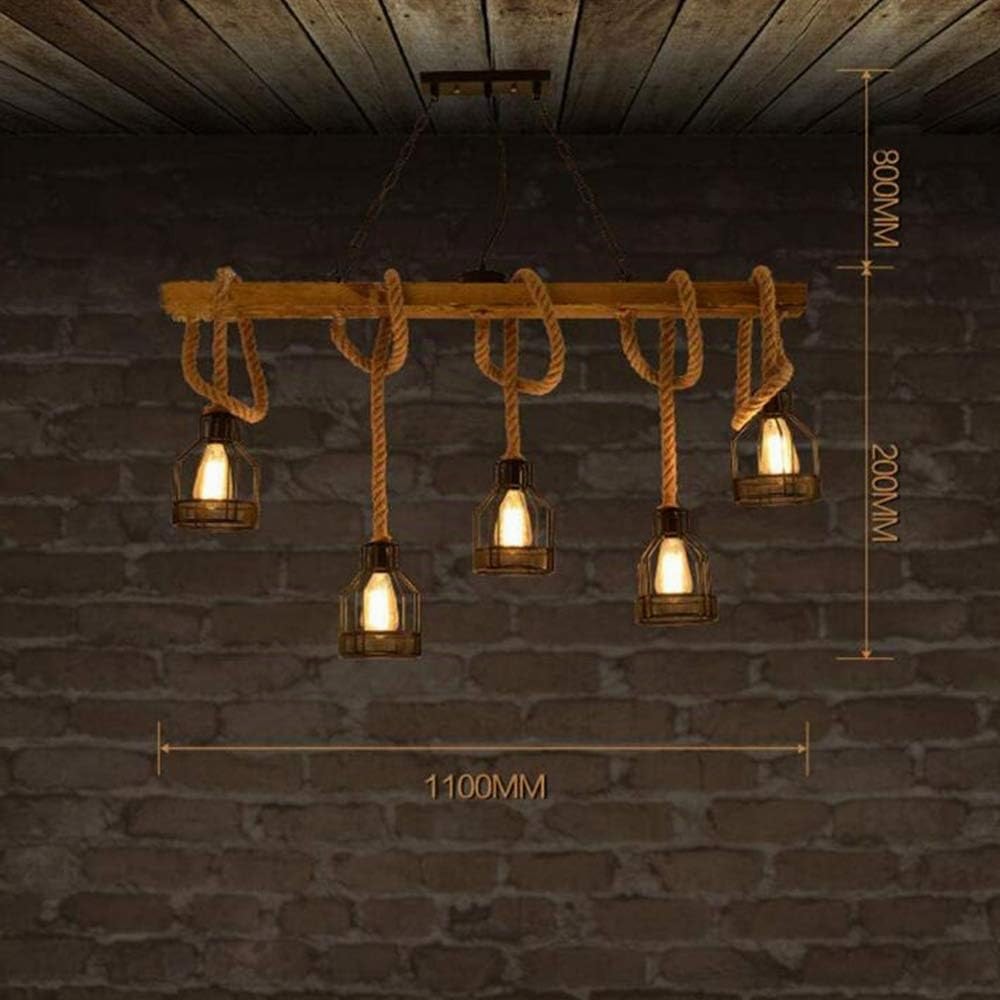Suspension En Bois Rustique Chanvre Corde Plafond Pendentif Lumière Industriel Suspendu Lumière Rétro Métal Fer Cage Lampe Lustre Pour Cuisine Salon Salle À Manger Restaurant Décoration E27*5