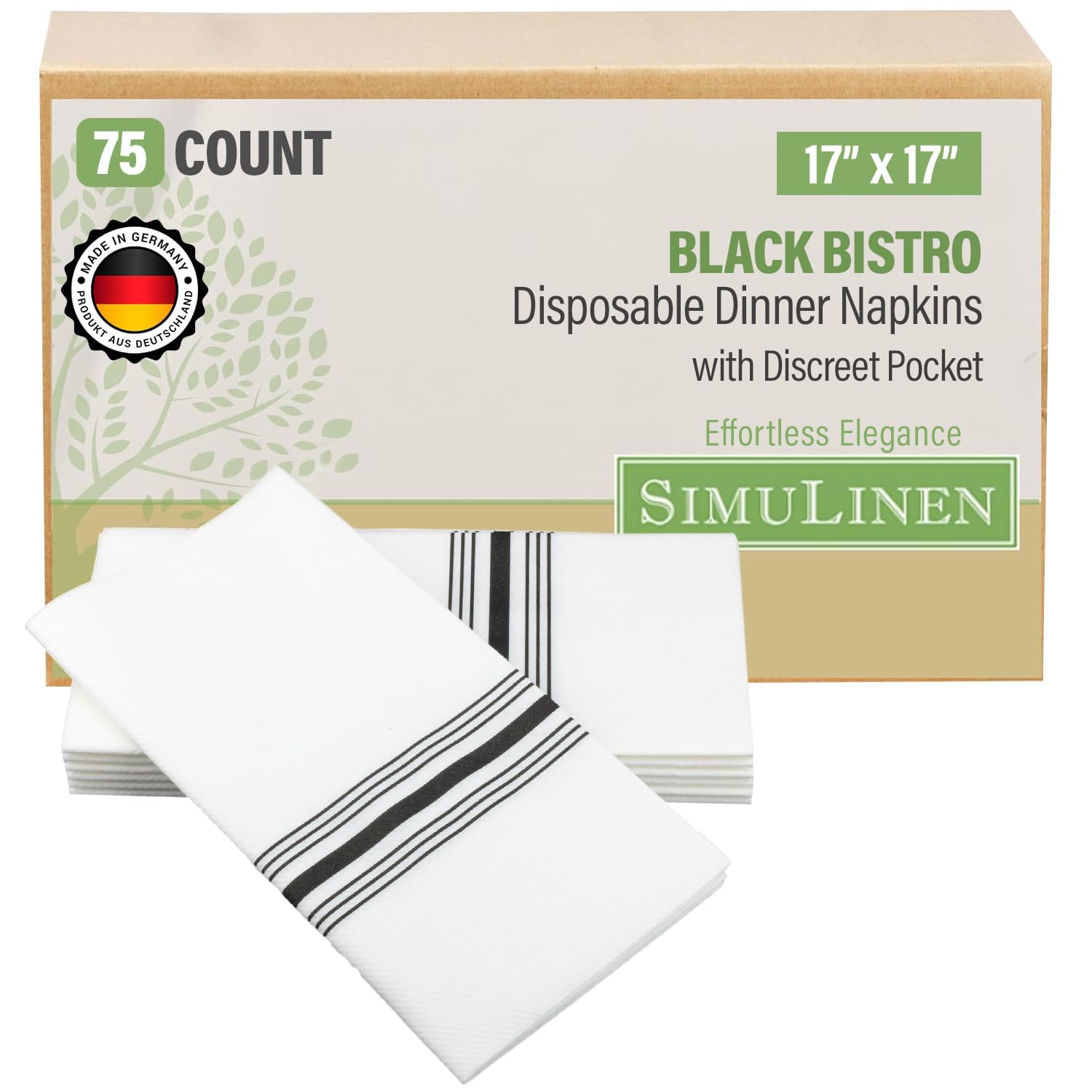 SimuLinen Black and White Napkins Disposable Decorative - Extra Large Paper Napkins with Pocket for Silverware Cloth Like - Box of 75
