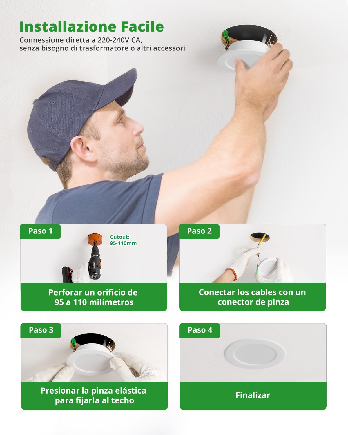 HOMEOW 12x Faretti LED da Incasso per Cartongesso, 220V 7W 4000K Luce Naturale Faretti LED Interno da Incasso, IP44 Faretto per Bagno, Diametro 118mm, Diametro foro 95-110mm