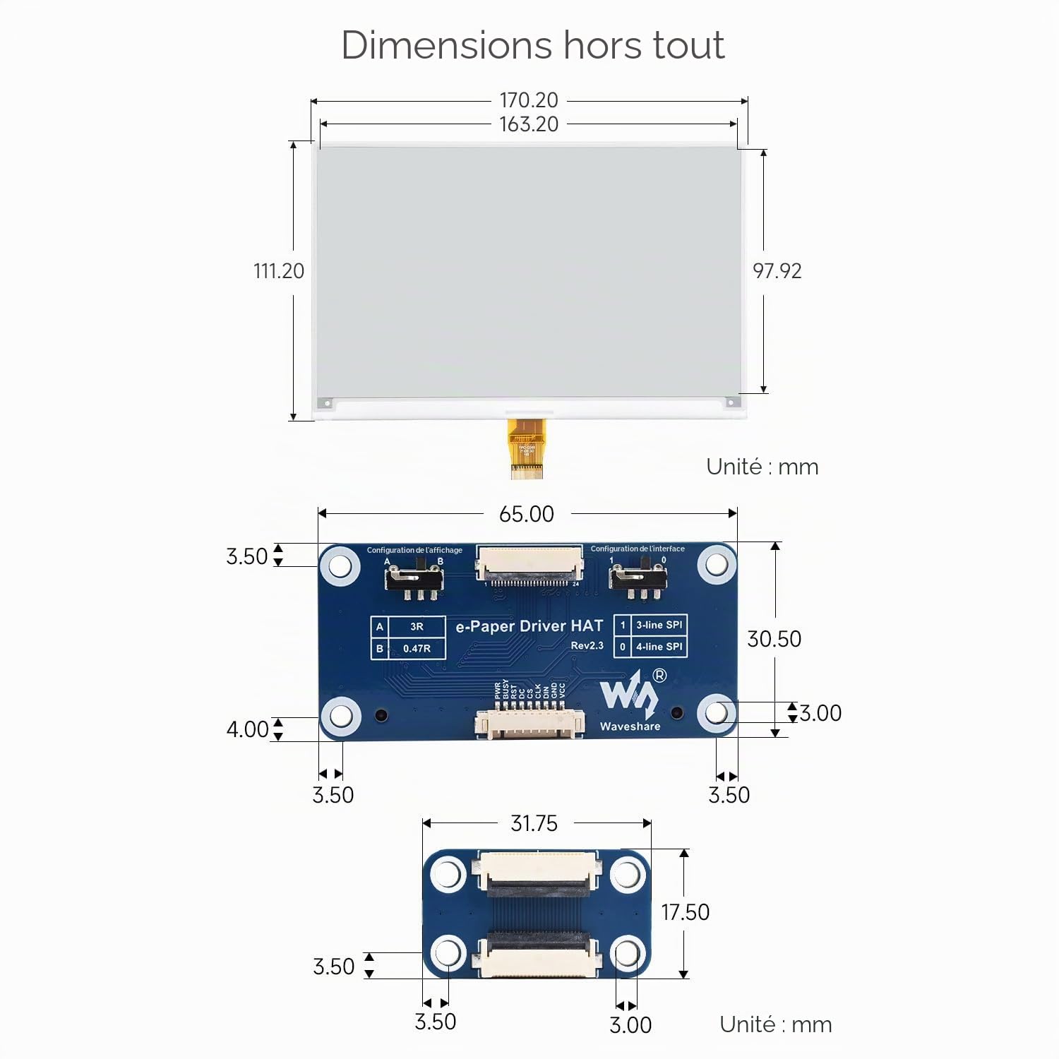 Waveshare 7.5inch E-Paper Hat Display Module, 800x480 Resolution, Supports Black/White 2 Colors, Compatible with Jetson Nano/Raspberry Pi 4B/3B+/3A+/3B/2B/1B+/1A+/Zero 2 W/Zero W/Zero