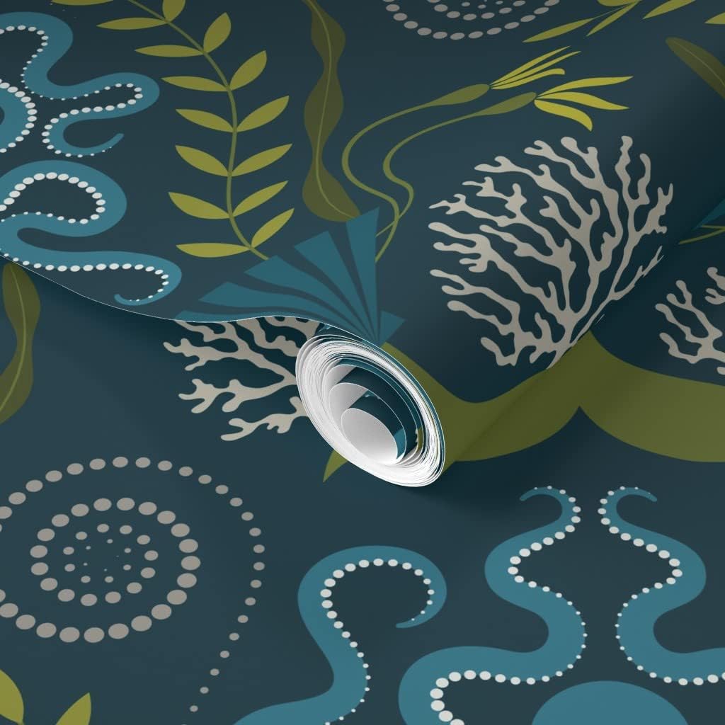 Removable Wallpaper Swatch - Nautical Damask Victorian Style Botanical Blue Octopus Ocean Life Custom Pre-Pasted Wallpaper by Spoonflower