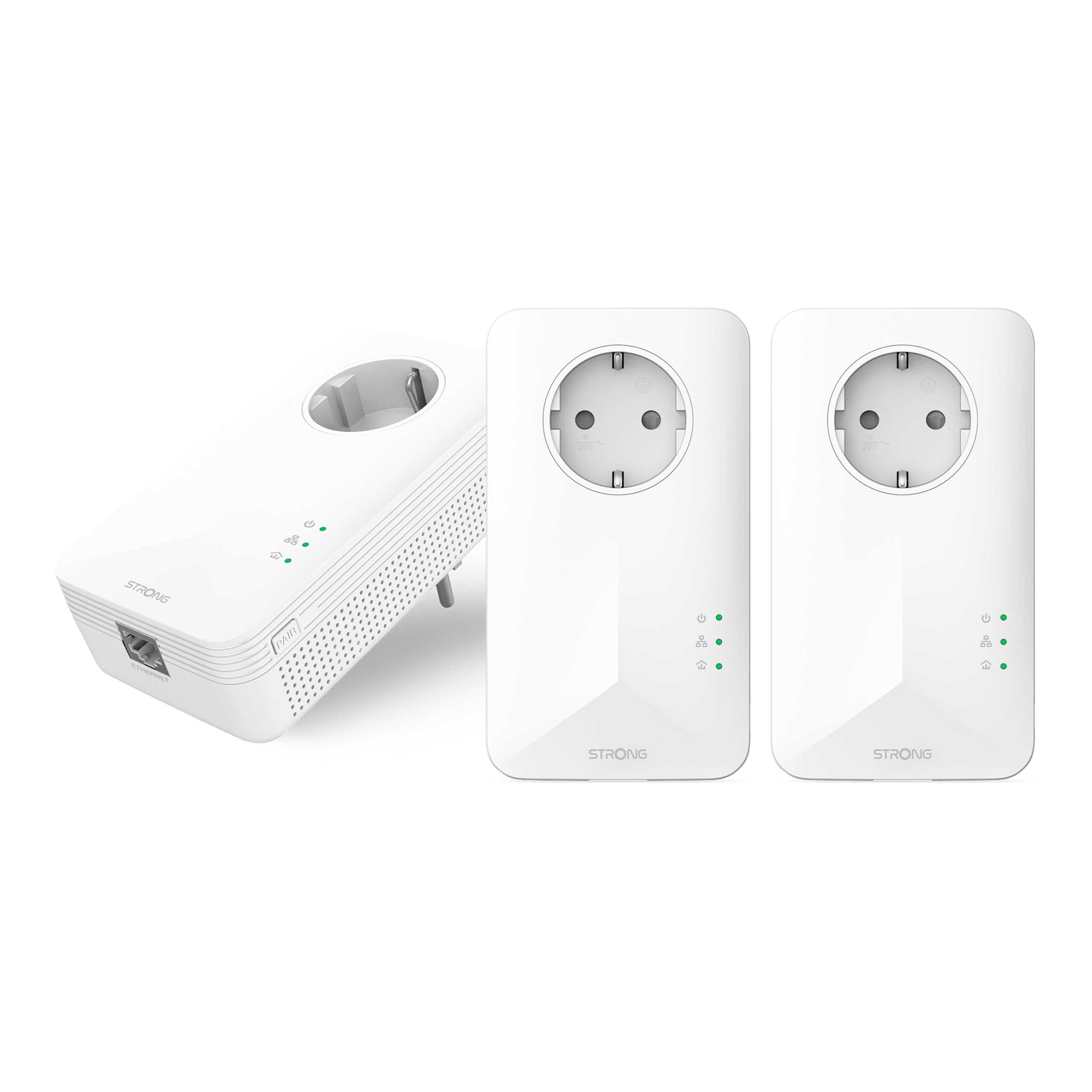 STRONG - Powerline 1000 Triple EU - 3 Adattatori 1000 Mbps - Accesso a Internet Veloce - Presa Passante Schuko - Portata di 300m - Per Tutti i Modem/Router - Ethernet - Installazione Facile - Bianco