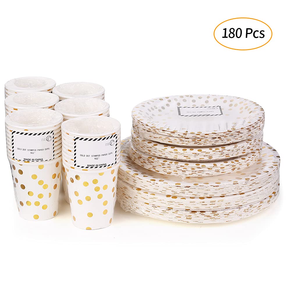 180pcs jednorazowe kubki papierowe Zestaw Golden Polka Dot Drinkware naczyń do zgromadzeń Wesela DIY Projekty