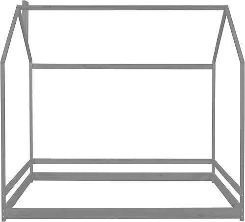 Miniatura 75 de Merax Cama de casa de madera de tamaño individual con techo y valla, se puede decorar para niñas, niños, cama de piso de madera, gris