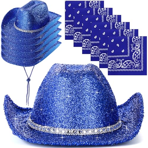 Image of Coume 12 Pcs Sparkly Adults Cowboy Hat and Bandanas Women Men Western Glitter Cowgirl Party Hats with Adjustable Drawstring