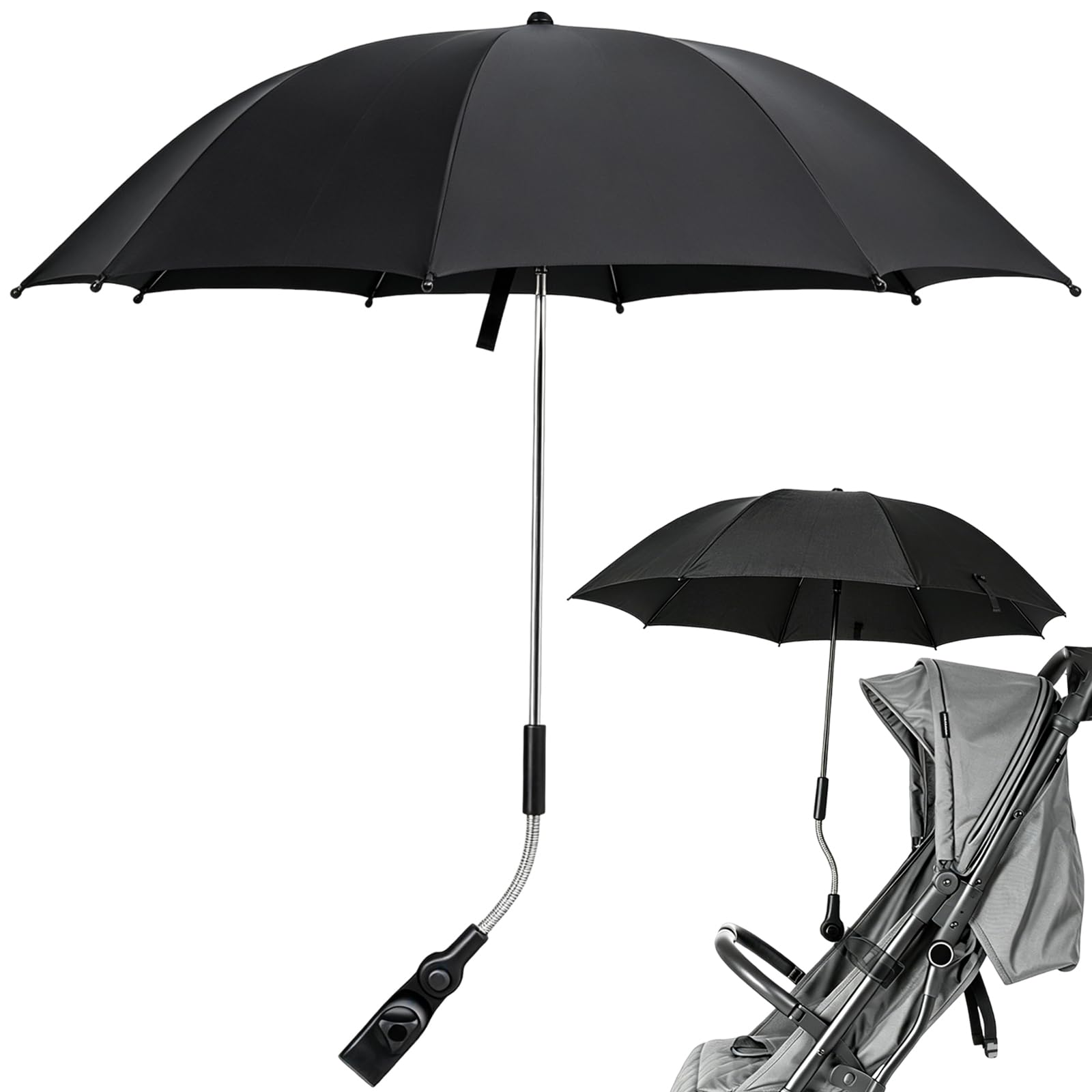 Pram Umbrella with UV Protection, Universal Pushchair Parasol for Strollers and Buggies, Adjustable Sun Shade for Outdoor Activities, Black Silver Coated Design with 71cm Coverage ﻿