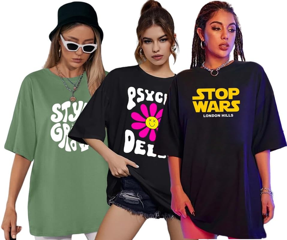 London HillsWomen's Cotton Oversized Fit Printed Round Neck Oversized T-Shirt | Loose Fit Drop Shoulder T-Shirt Pack of 3