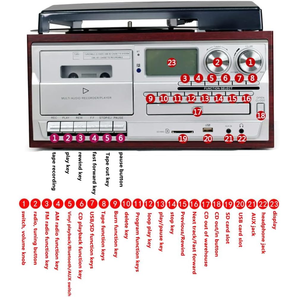 Tourne-disque Bluetooth avec haut-parleurs intégrés – Tourne-disque vintage à 3 vitesses, lecteur CD et cassette, couvercle anti-poussière givré pour moins de bruit – Idéal pour le divertissement