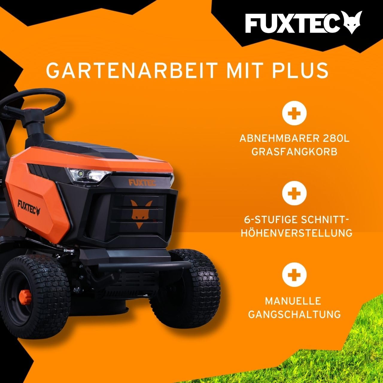 FUXTEC Rasentraktor FX-RMT84M, Aufsitzmäher mit 83cm Schnittbreite, 6-stufige Schnitthöhenverstellung, kraftvoller Benzinmotor, Grasfangkorb 280L, Rückwärtsmähfunktion