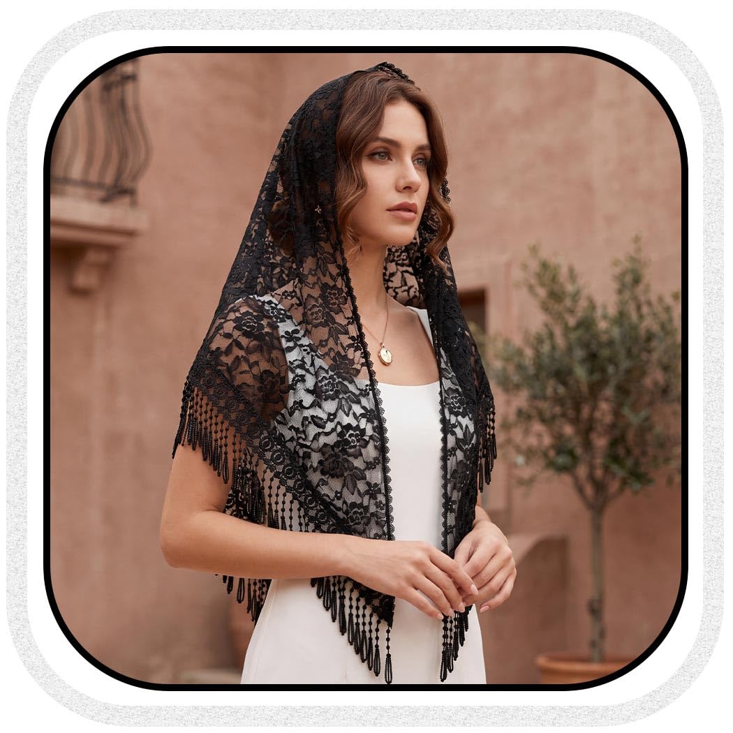 Unsutuo Triangle Mantilla Veil White Lace Chapel Veils with Comb Catholic Mass Head Covering Scarf for Brides and Women