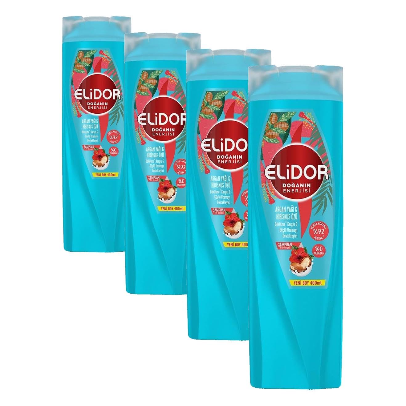 Elidor Doğanın Enerjisi Saç Bakım Şampuanı Argan Yağı & Hibiskus Özü Dökülme Karşıtı & Güçlü Uzamayı Destekleyici 400 ml (4 paketi)