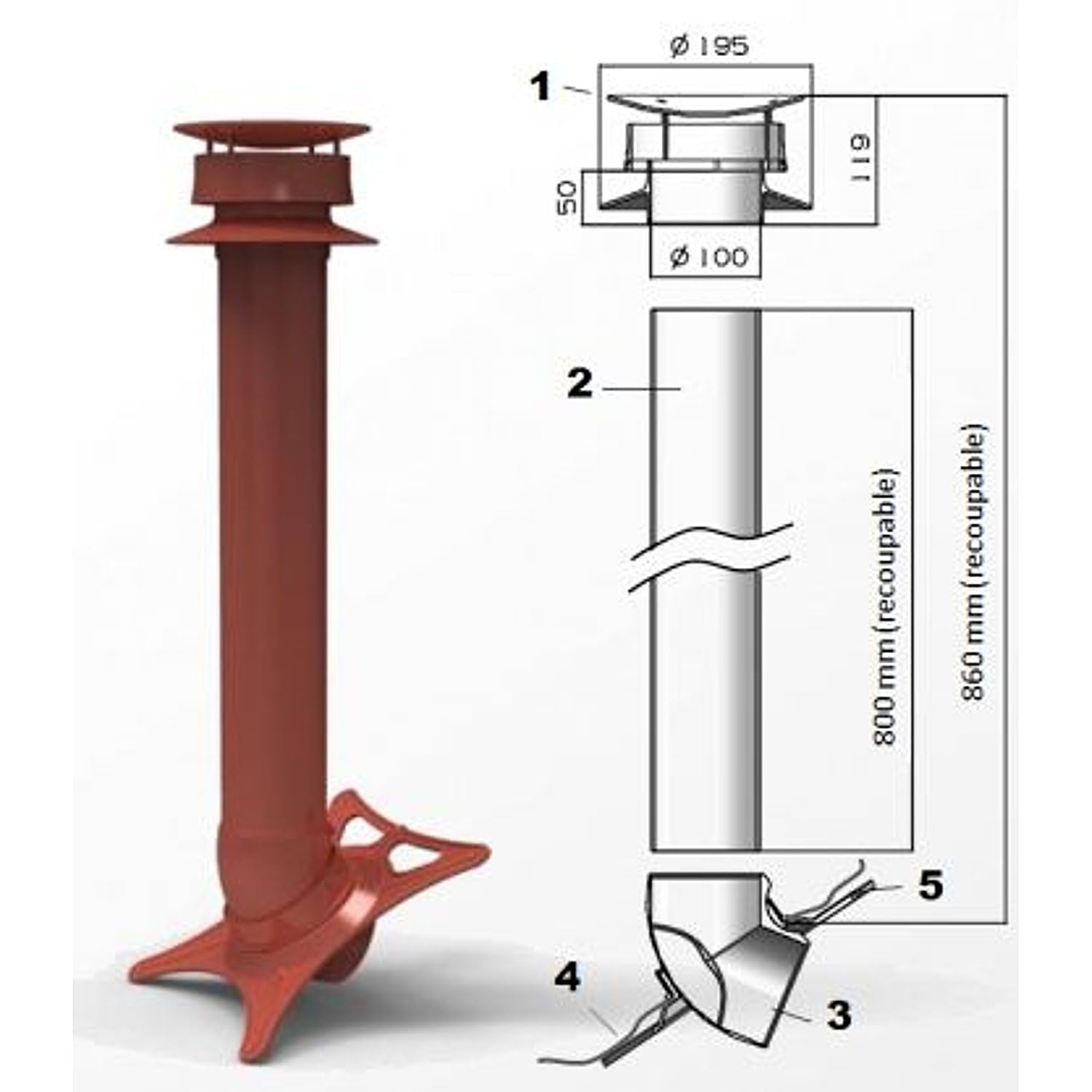 Extracteur statique avec collerette d'étanchéité gris ardoise EXTARTC 80cm + plaque PVC renfort diamètre100mm