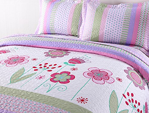 MarCielo 3 Piece Kids Bedspread Quilts Set Throw Blanket for Teens Girls Bed Printed Bedding Coverlet, Full Size, Purple Floral Striped (Full) - Thumbnail 6