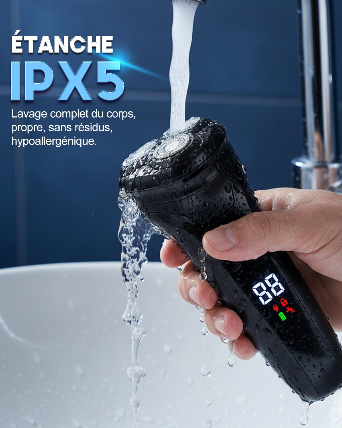 Rasoir Électrique Homme avec Écran LCD, Rasoir Électrique Sans Fil Rechargeable, IPX5 Étanche pour Rasage Sec et Humide, 3 Têtes Rotatives Double Piste, Tondeuse Pop-Up Intégrée, Peau Sensible(Noir)