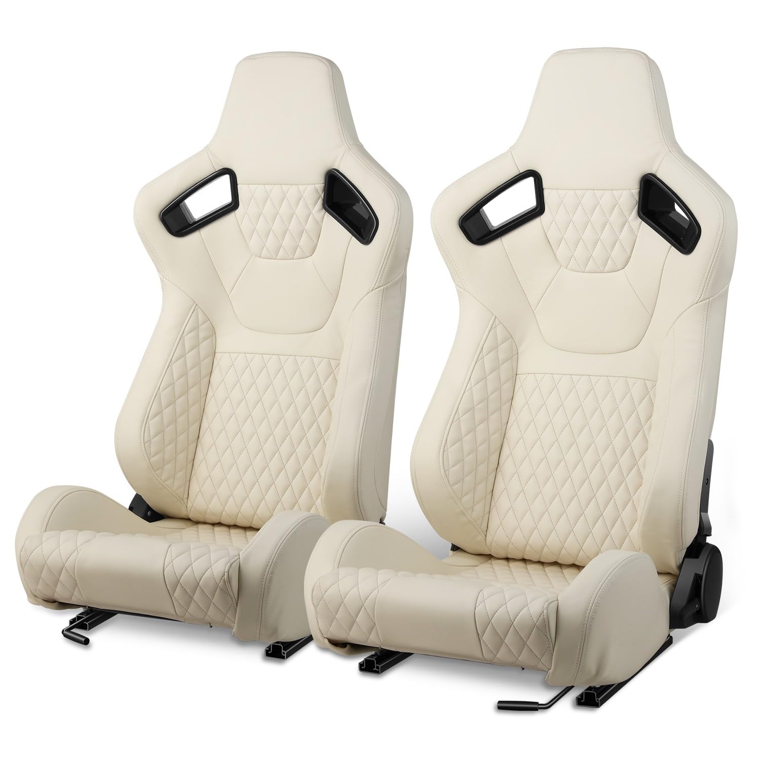 Auto Dynasty Pair of Racing Seat Universal Vinyl Leather Stitching Reclinable Bucket Seats with Bottom Mount Sliders, 37 (H) x 20.5 (W) x 21 (D) Inches, Driver and Passenger Side, White