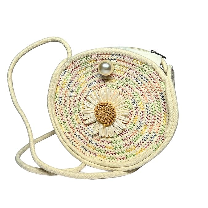 Image of Classy Bag Round Straw Crossbody Bag for Women - Woven Circle Purse with Daisy Flower Design and Pearl Clasp - Boho Summer Handbag