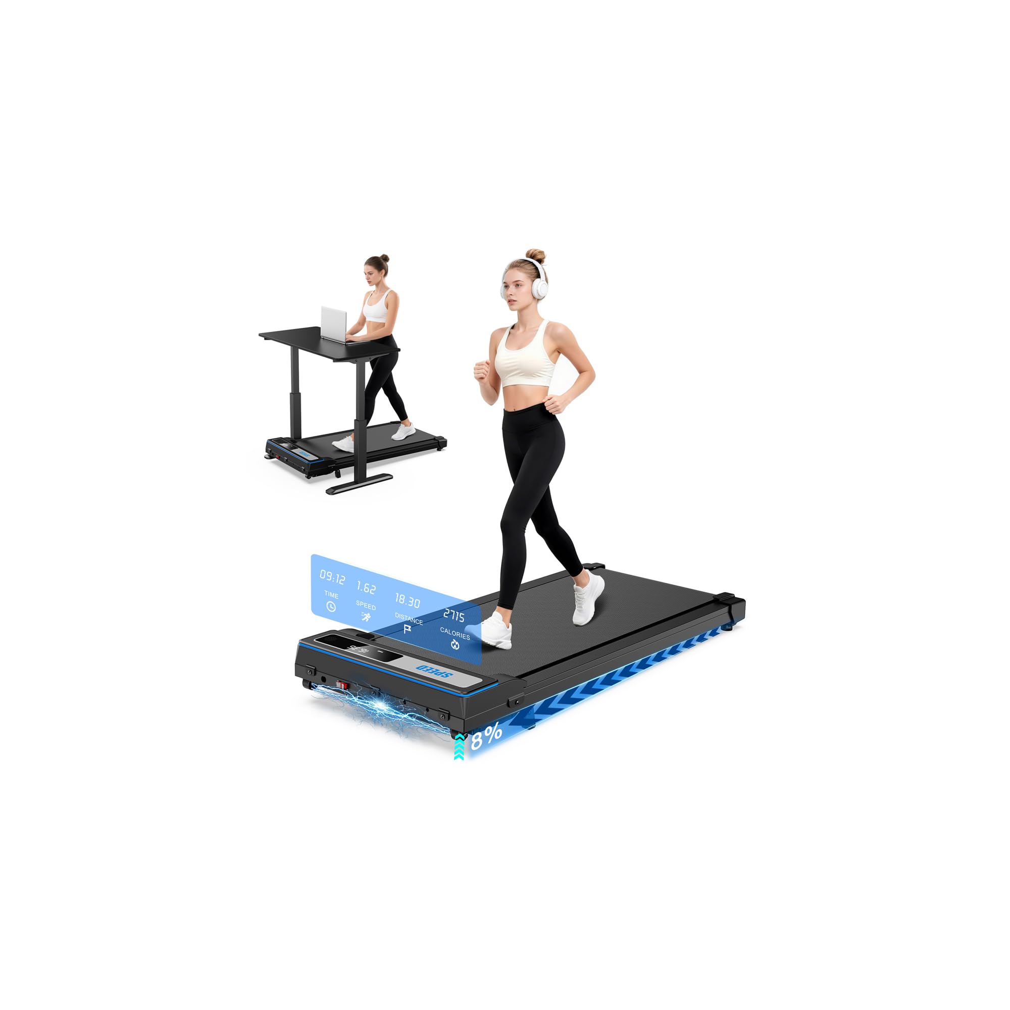Walking Pad Treadmill for Home with Incline 8%, Under Desk Caminadoras Para Hacer Ejercicio Portable Mini Compact Running Machine, Quiet Small Spaces Office with Remote 0.6-4.0MPH Modes Max up 265 Lbs