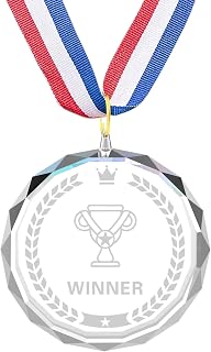 12 Pieces Crystal Award Medals Football Baseball Soccer Basketball Winner Medals, Crystal Medals with Neck Ribbons, Winner Gift Prize Award Medals for Kids Tournaments Match Sports Competition Teams