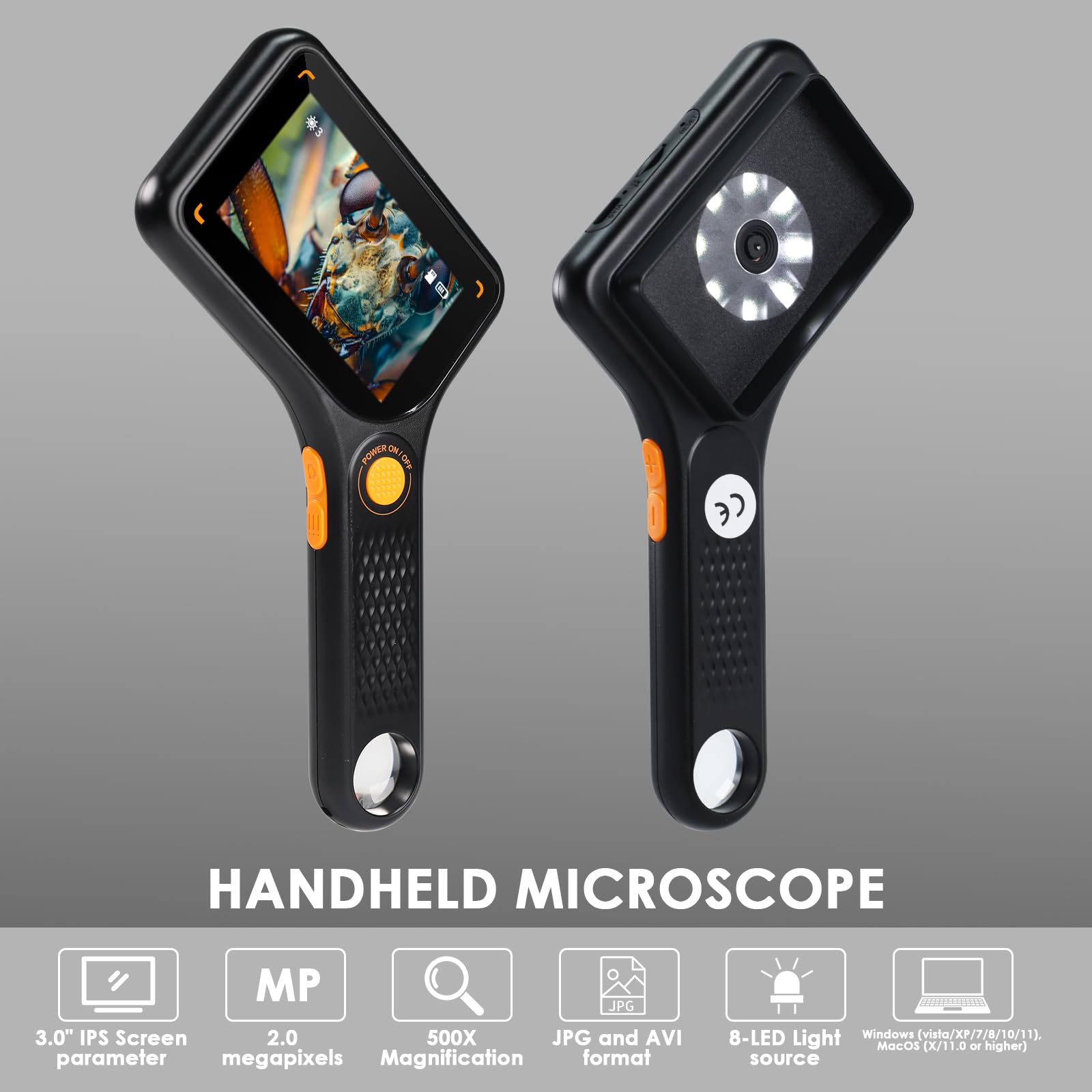 Microscopio Digitale con Ingrandimento 500X e Schermo IPS da 3" | 8 Luci LED Regolabili | Messa a Fuoco Automatica | Slot per Scheda TF | Ricarica USB-C Microscopio USB Tascabile Portatile