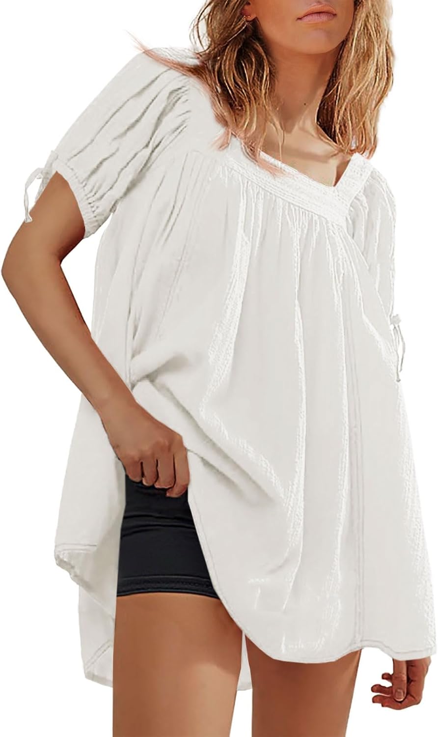 Tankaneo Womens Square Neck Babydoll Tops Summer Puff Short Sleeve Tunic Shirts Casual Loose Fit Blouse