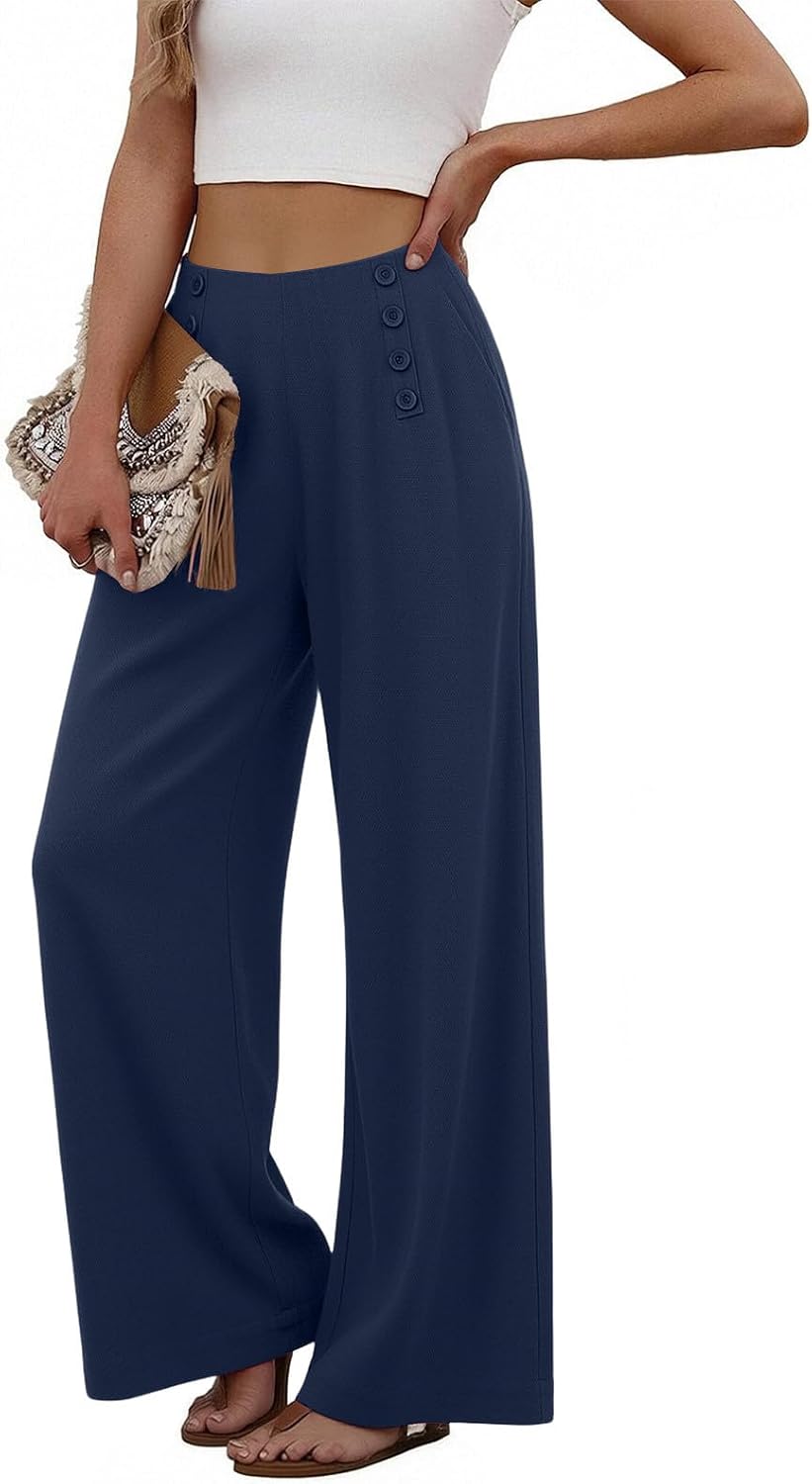 Wide Leg Pants for Women High Waisted Trousers Buttons Business Casual Palazzo Bottoms Dressy Office Work Pants