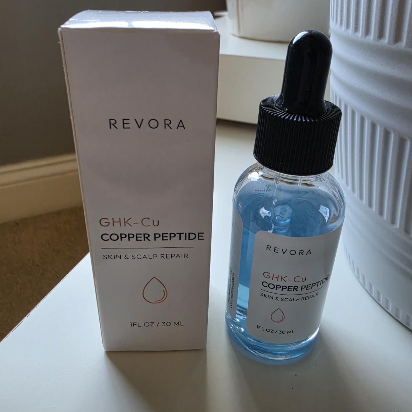 Revora GHK-Cu Topical Copper Peptide Serum | Dual-Action Face & Scalp Care for Hydration & Youthful-Looking Skin | With Hyaluronic Acid, Niacinamide & Centella Asiatica | 1 fl oz / 30 mL