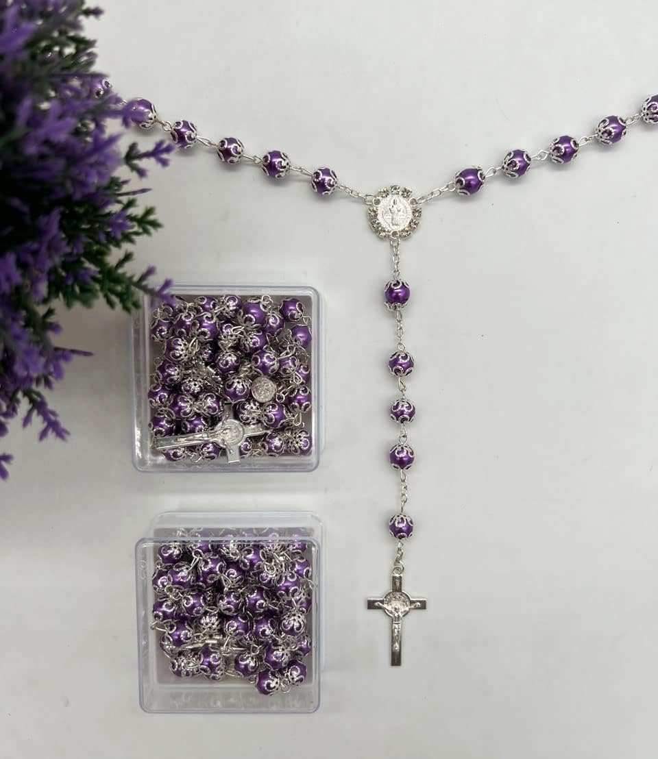 St. Benedict Baptism Prayer Purple Rosary Faux Peal Beaded Necklace for Women Girls Boy Baptism Favors Communion Favors Weddings - 12 PCS