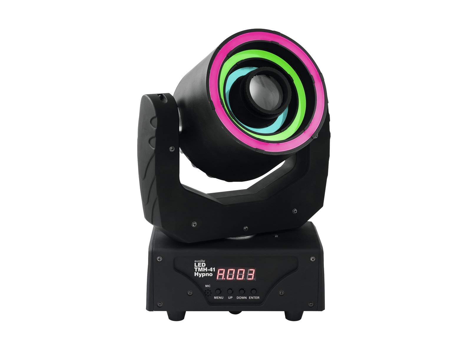 EUROLITE Reflektor LED TMH-41 Hypno Moving-Head | wąsko promieniujące światło punktowe z 3 pierścieniami Hypno, 30 W LED, gobo i pokrętło kolorów