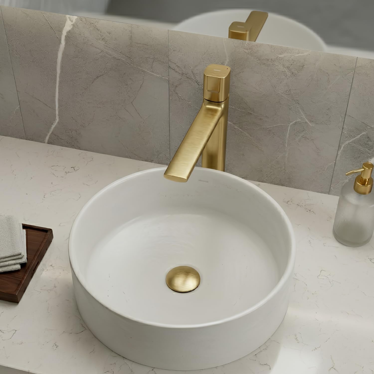 FARON Mitigeur Vasque Haut pour Vasque à Poser, Robinet Lavabo Salle de Bain en Laiton Massif, Cartouche Céramique, Finition PVD Doré Brossé, Monocommande, Flexibles 60 cm Inclus