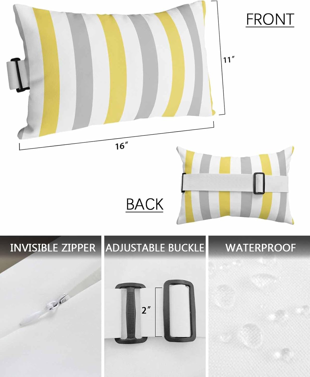 Pack of 2 Outdoor Lumbar Cushions with Inserts, Classic Yellow Grey Stripe Pattern Waterproof Fluffy Fade Body Pillows, Patio Furniture Pillow for Home Balcony Garden Decor 11x16IN