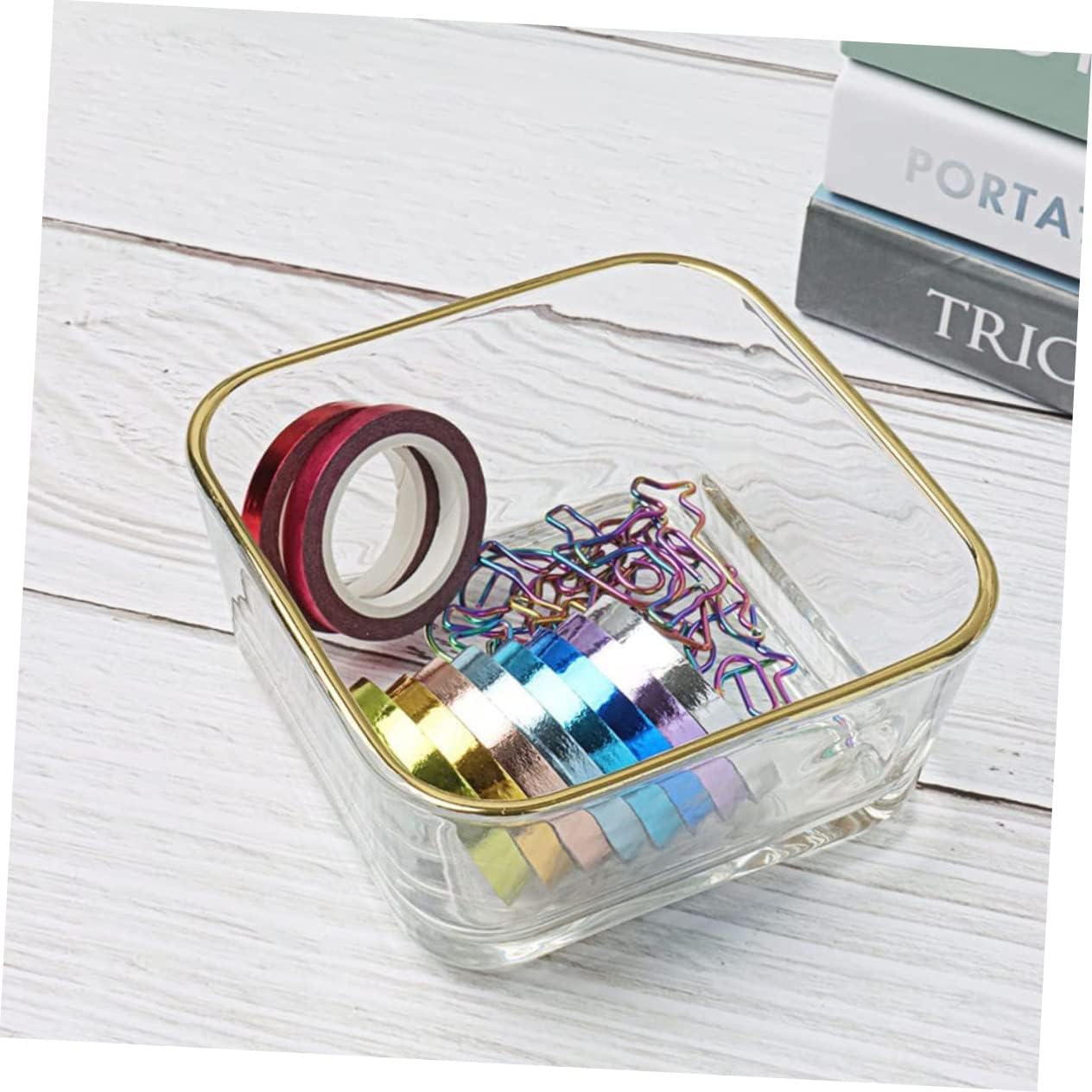 Glass Paper Clip Holder with Gold Rim Desktop Organizer for Paperclips Binder Clips Push Pins Bands and Small Office Accessories Transparent Glass Bowl for Office and Home Use